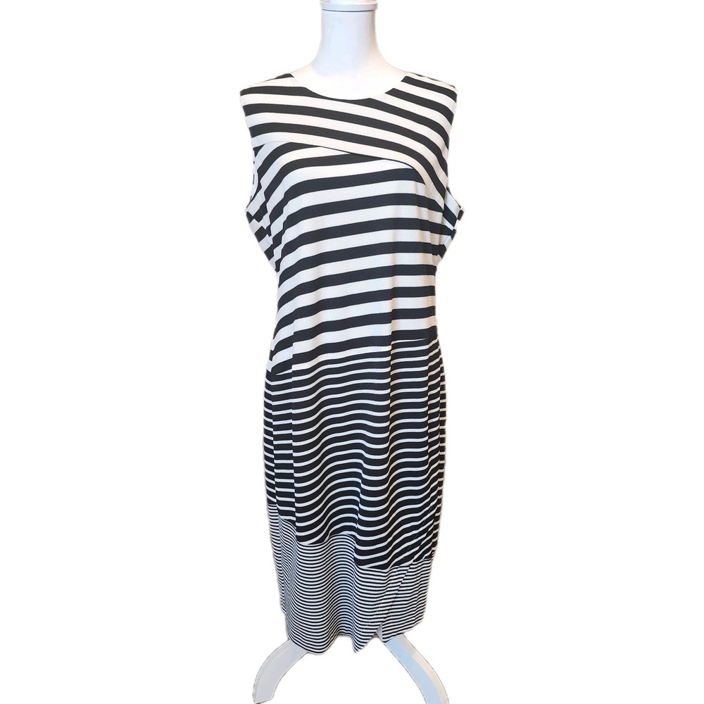 Calvin Klein Sheath Dress Womens 14 Black White Stripe Stretch Casual Career Fun